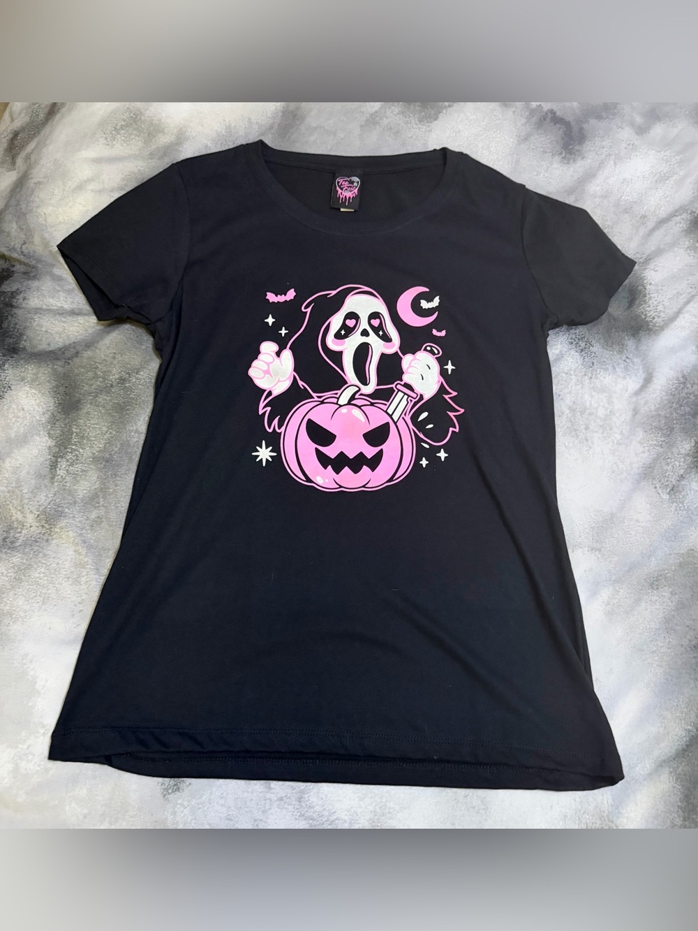 Too Fast Black T-Shirt with Pink Ghostface & Pumpkin Graphic